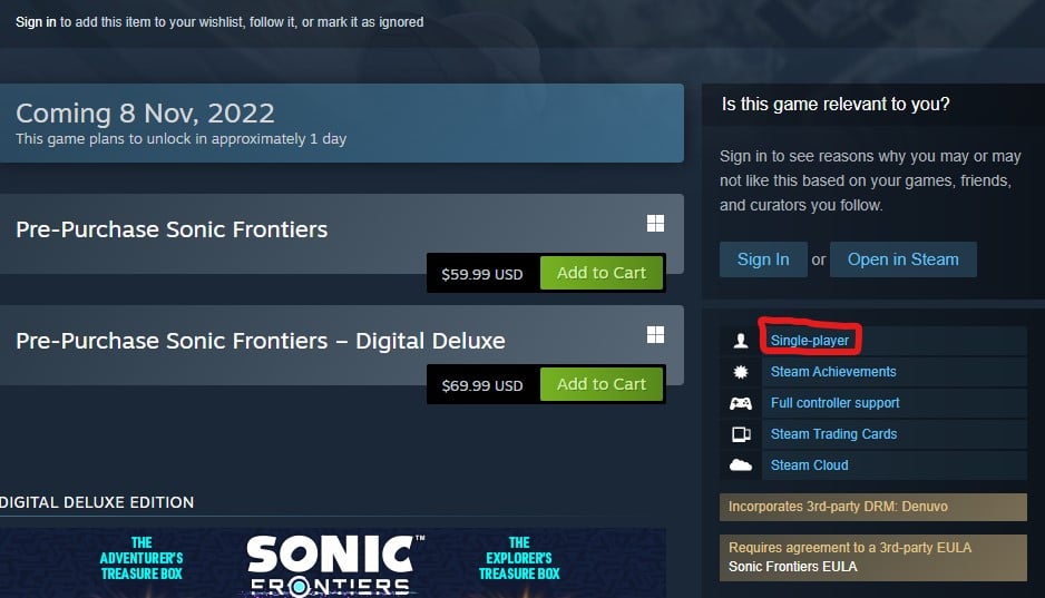 Sonic Frontiers Steam page says it is a single-player game