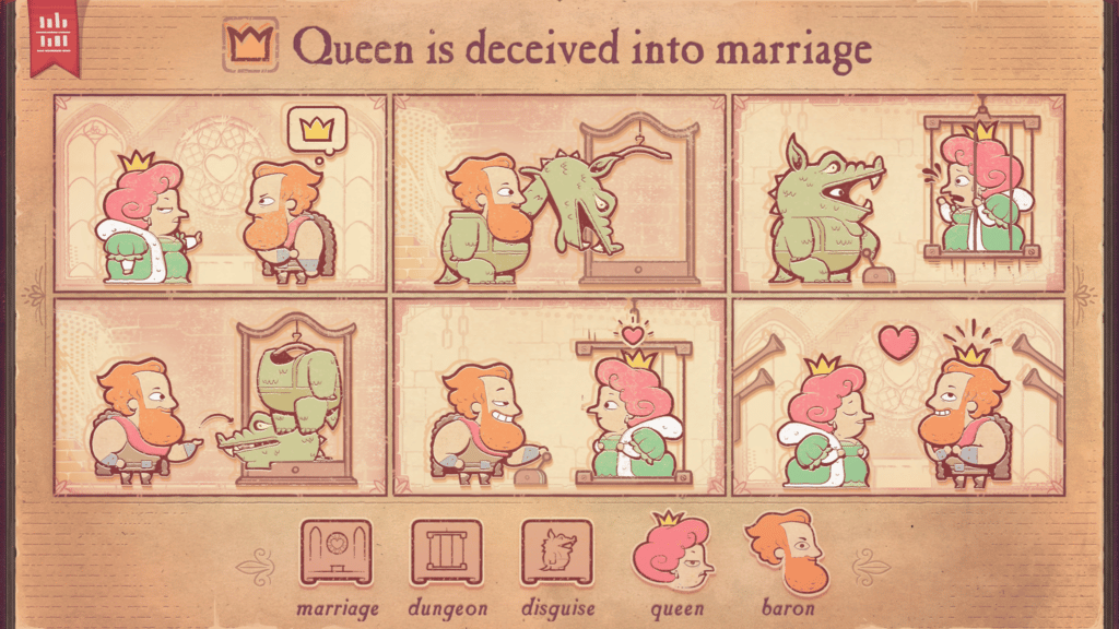 Storyteller Screenshot featuring a complete puzzle called "Queen is deceived into marriage"