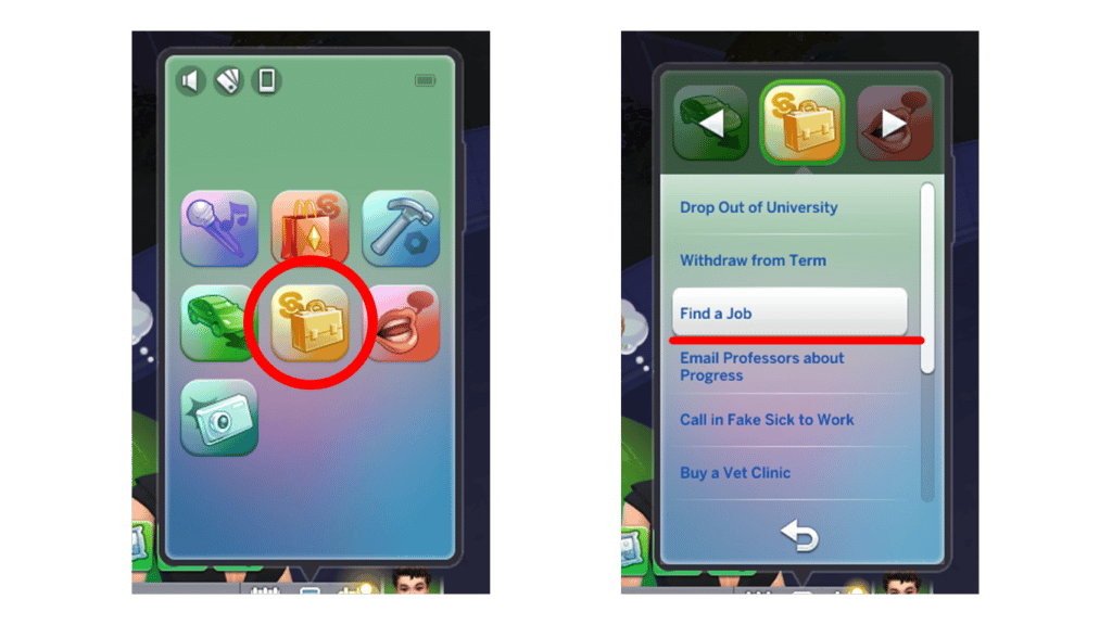 The Sims 4 phone menu. Select the business tab and 'find a job' tab.