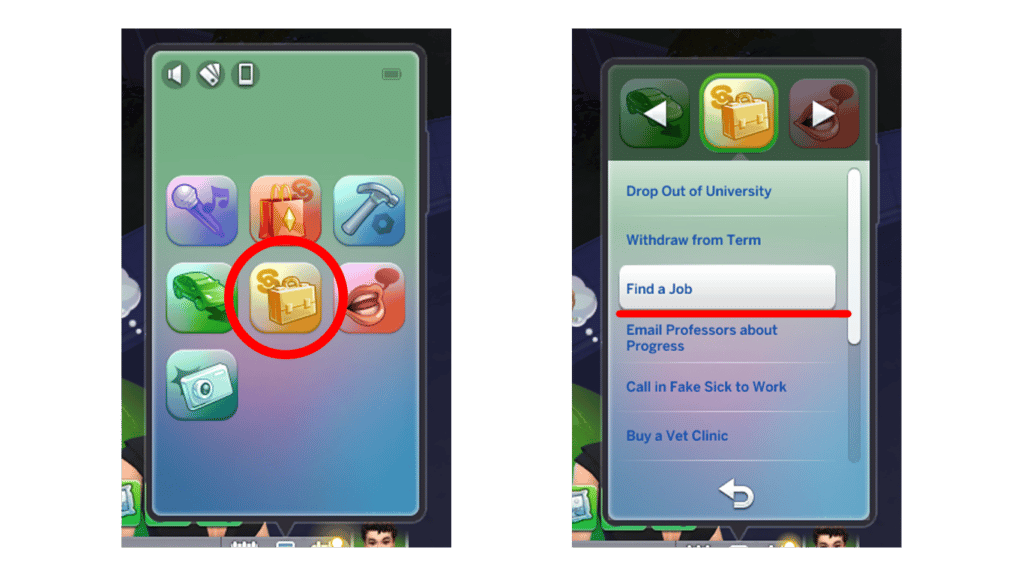 The Sims 4 phone menu. Select the business tab and 'find a job' tab.