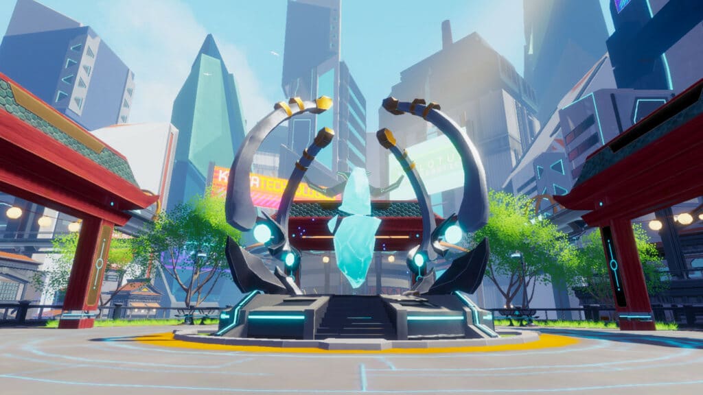 A futuristic city landscape in upcoming PSVR2 games