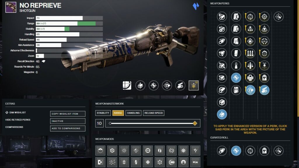 Destiny 2 No Reprieve PvE god roll on D2 Gunsmith.