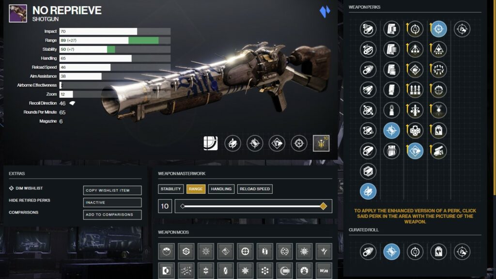 Destiny 2 No Reprieve PvP god roll on D2 Gunsmith.