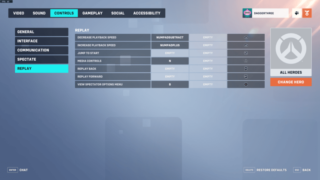 The settings for changing the replay keybinds in Overwatch 2