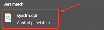 Windows Search > sysdm.cpl in Best Match