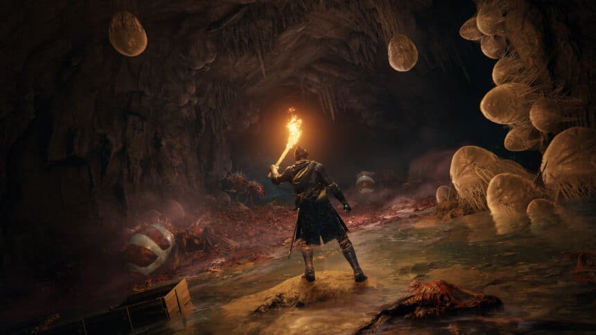 Character holding a torch in a dark cave