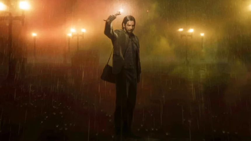 Image shows Alan Wake standing in rain