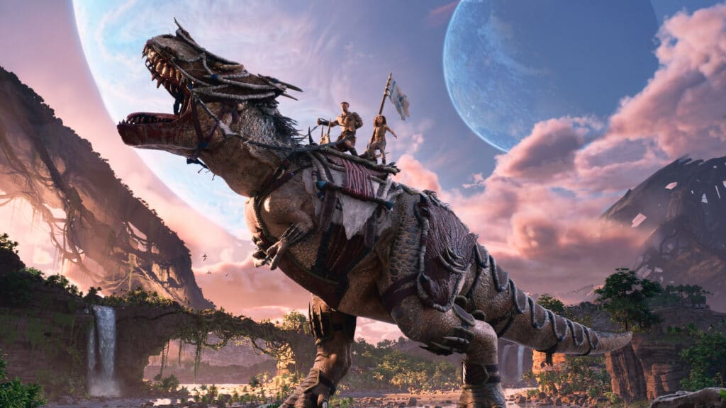 Image shows two characters riding a Dinosaur
