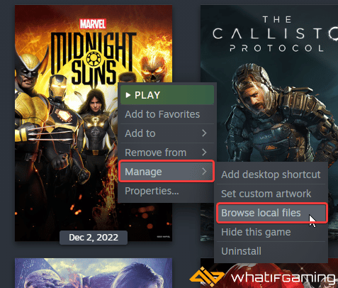 Steam library > Midnight Suns > Manage > Browse local files