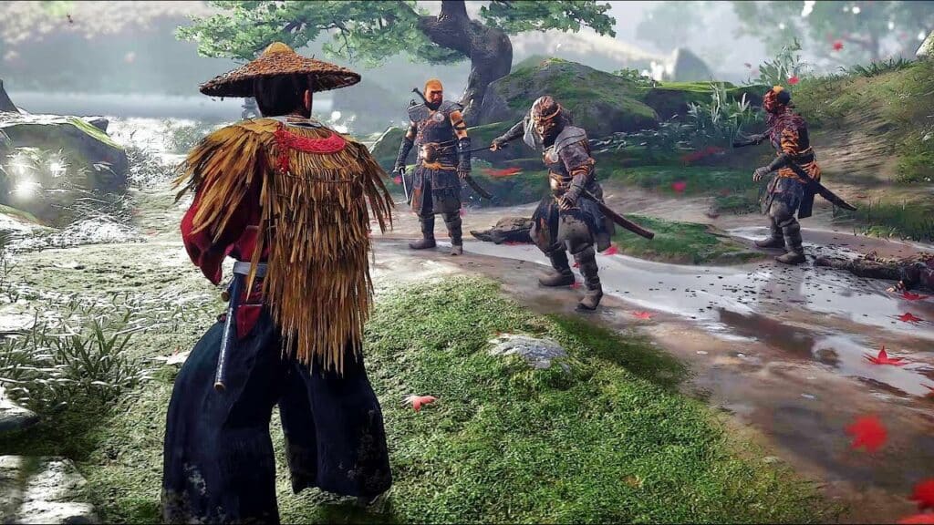 Getting ready to fight enemies in Ghost of Tsushima
