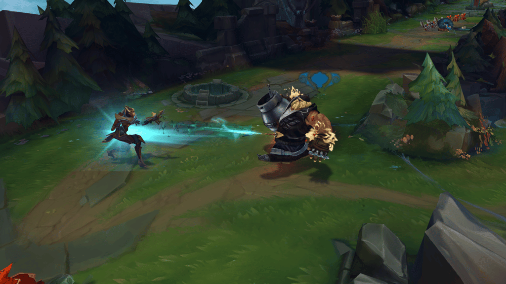 Quinn impaling Gragas with Kraken Slayer from Season 13 of League of Legends