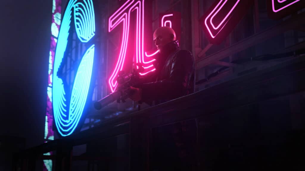 Agent 47 holding a sniper rifle over a neon sign