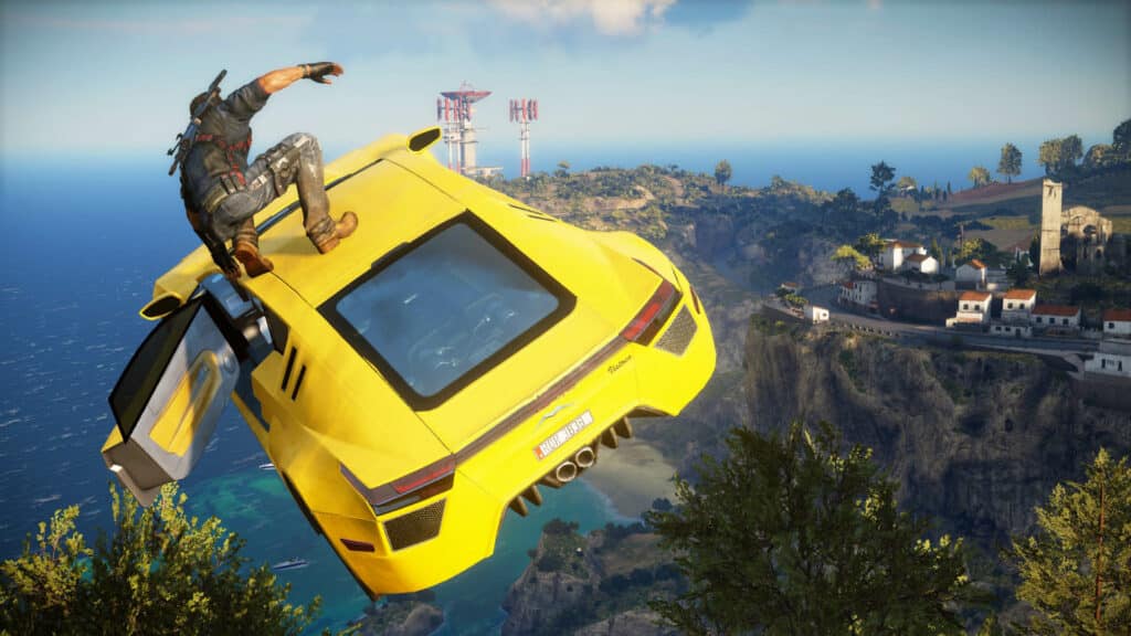 Image has a guy car surfing mid air in games like the uncharted series