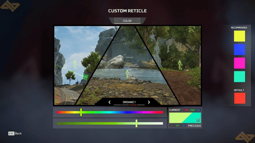 Choosing the lime green color in the custom reticle settings