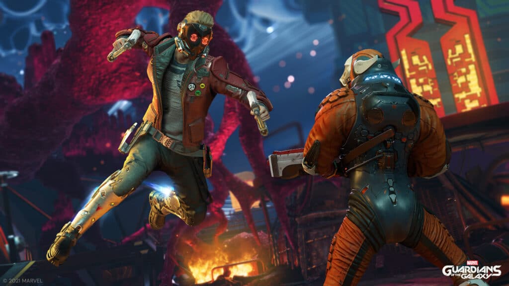 Image has Star Lord attacking an enemy