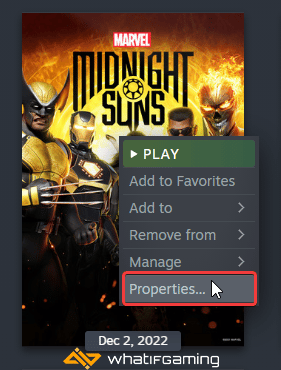 Steam library > Midnight Suns > Properties