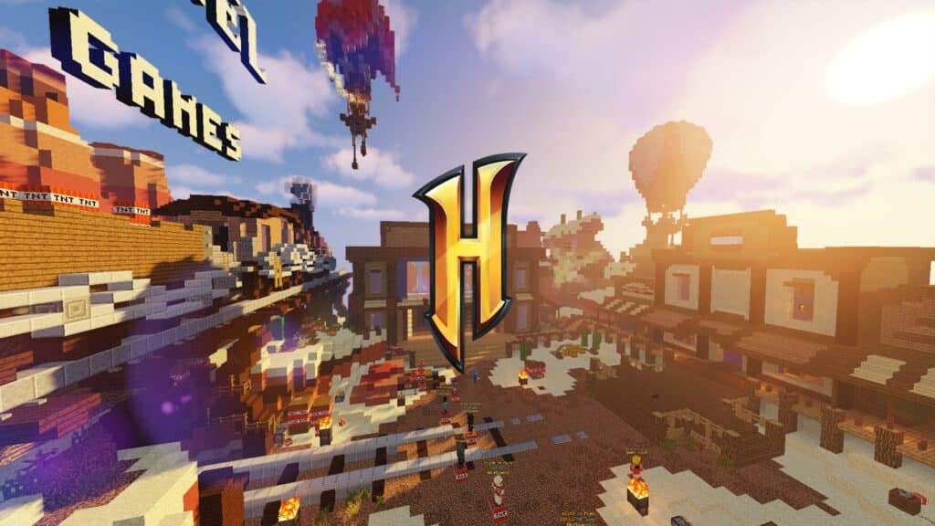 Hypixel logo with the background of the server's lobby