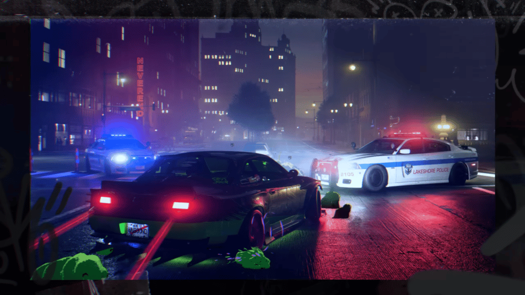 Black and green racing car about to hit a roadblock of two cop cars.