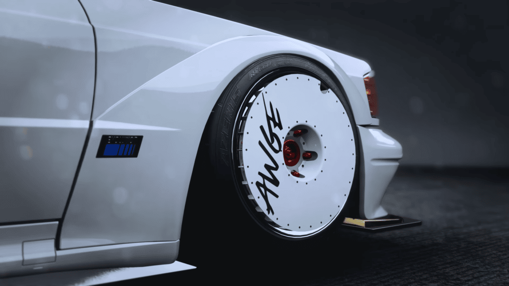 Bottom view of the white tires of a white racing car. Whiter than your teeth.