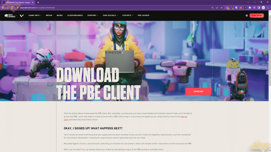 A photo showing the Valorant PBE client download page.