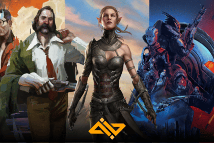 Artwork from three different RPGs including Disco Elysium, Divinity Original Sin 2, and Mass Effect