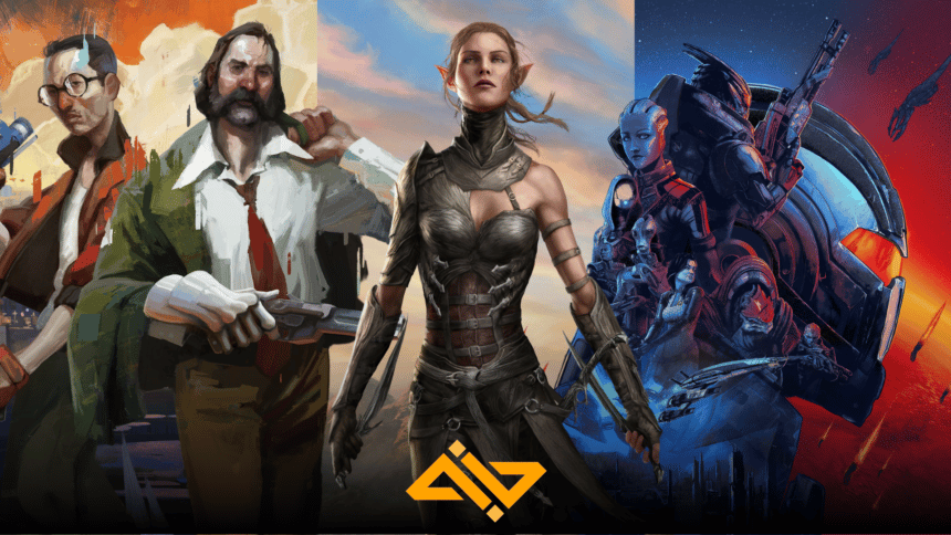 Artwork from three different RPGs including Disco Elysium, Divinity Original Sin 2, and Mass Effect
