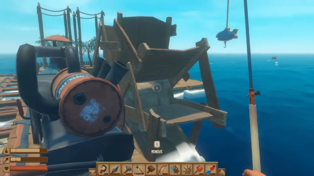 The player holding a fishing pole while looking at a placed Engine in Raft