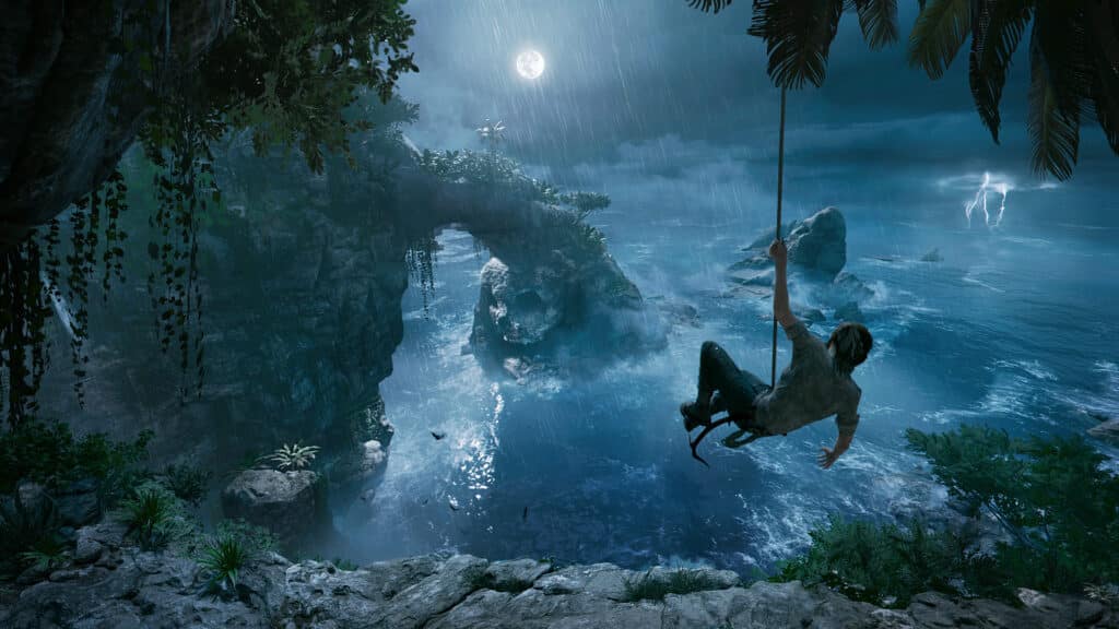 Image shows Lara hanging from a rope in games like the Uncharted series