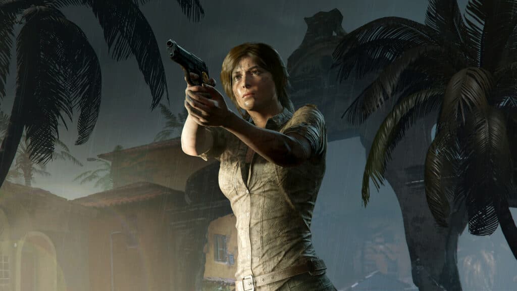 Lara Croft aiming her gun in Shadow of the tomb raider