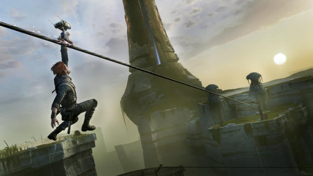 Image shows the main character ziplining in games like the uncharted series