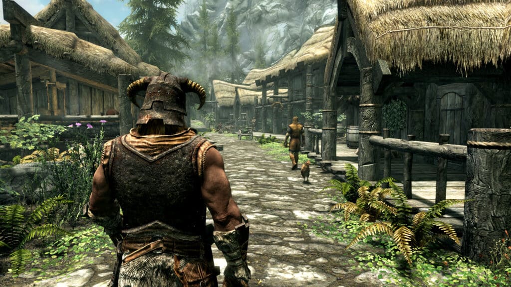 Image shows a man walking down the street in The Elder Scrolls V Skyrim