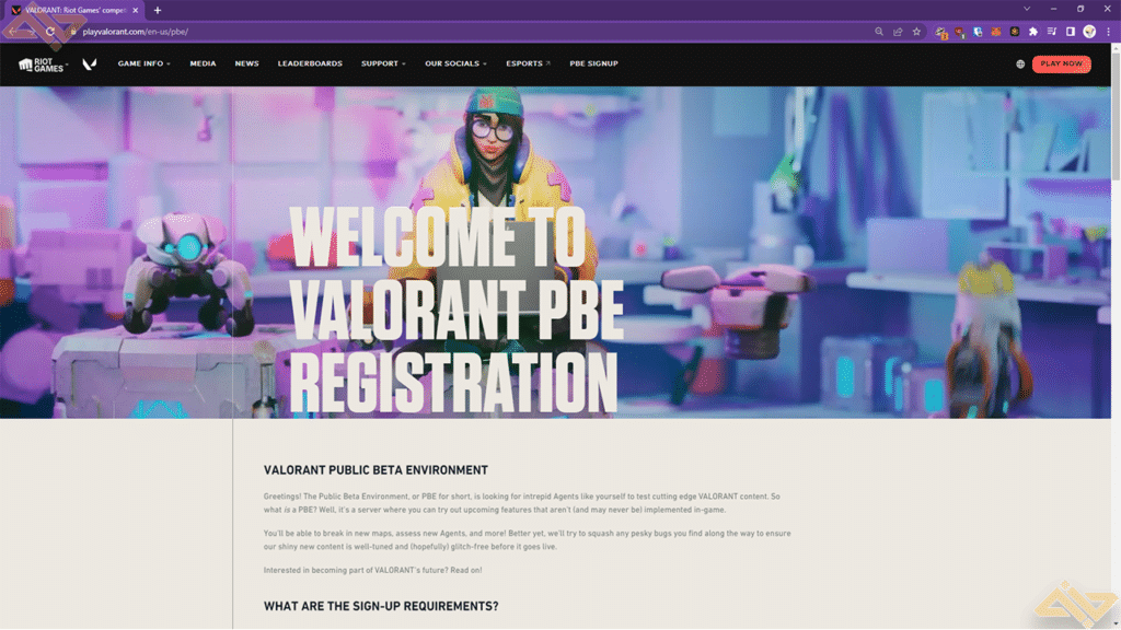 A photo showing the Valorant PBE registration page.