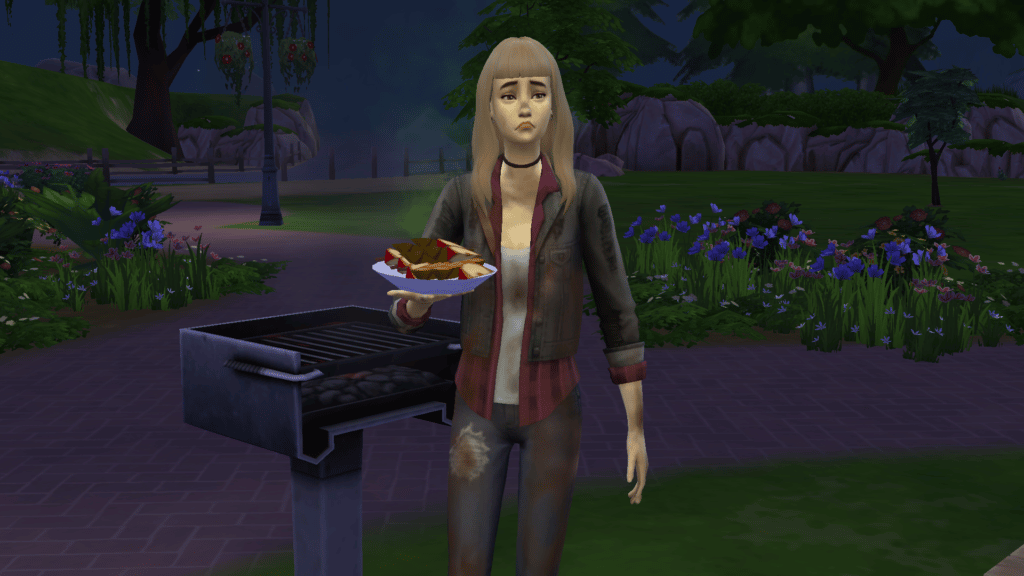 A dirty sim eating food from a BBQ.
