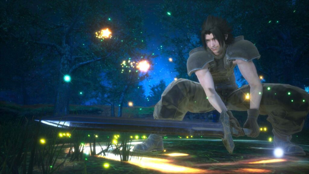 Photo of Zack Fair squatting with a sword. Yes, you read that right.