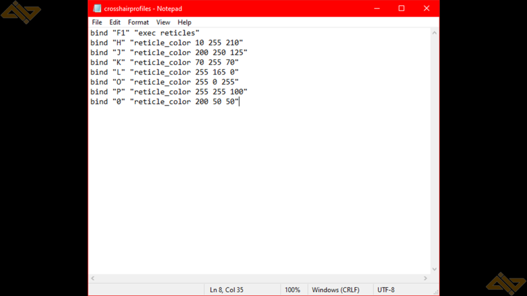 Typing in the various Apex Legends crosshair profiles in the config file.