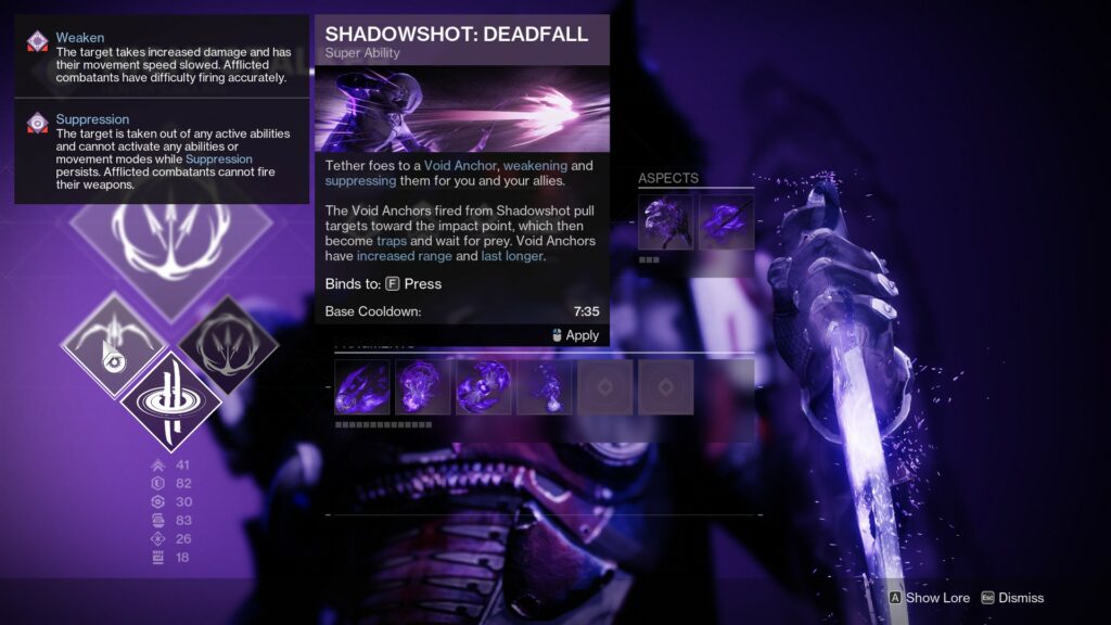 Destiny 2 Void Hunter Deadfall in menu. 