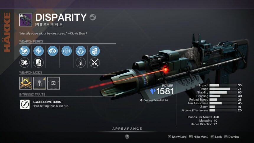 Destiny 2 Disparity god roll in inventory.