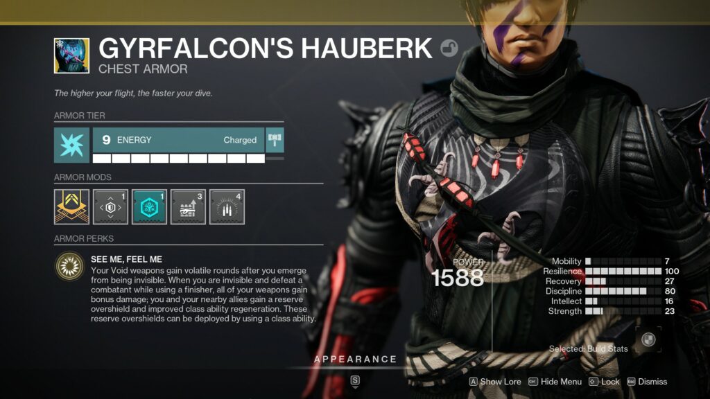 Gyrfalcon's Hauberk Hunter build - Hauberk in inventory. 