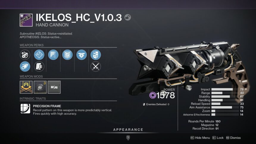 Destiny 2 Ikelos Hand Cannon god roll in game.