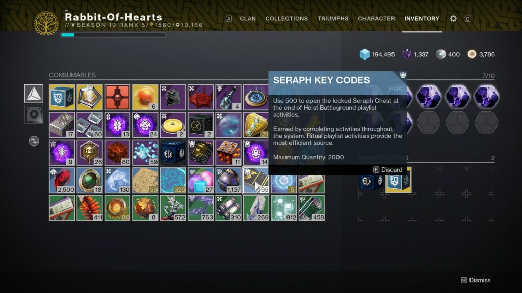 Destiny 2 Seraph Key Codes in inventory.