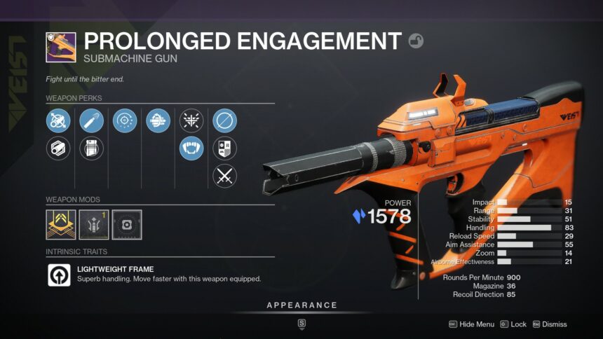 Destiny 2 Prolonged Engagement god roll weapon in inventory