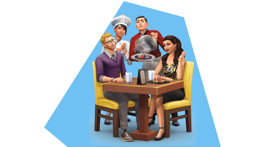 two sims sitting at restaurant with a chef and a waiter.