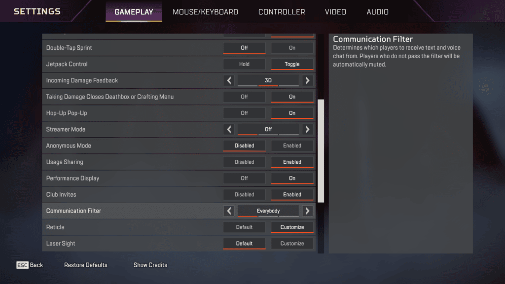 Customizing your Apex Legends crosshair via the settings.