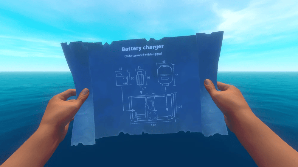 The player holding the battery charger blueprint.