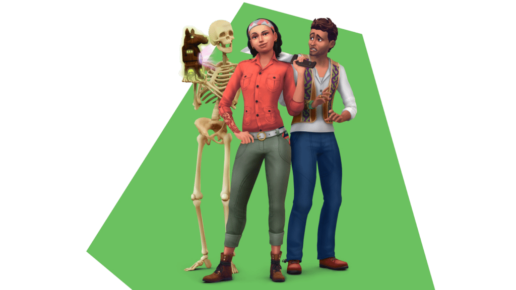 adventurous sims standing next to treasure and a skeleton