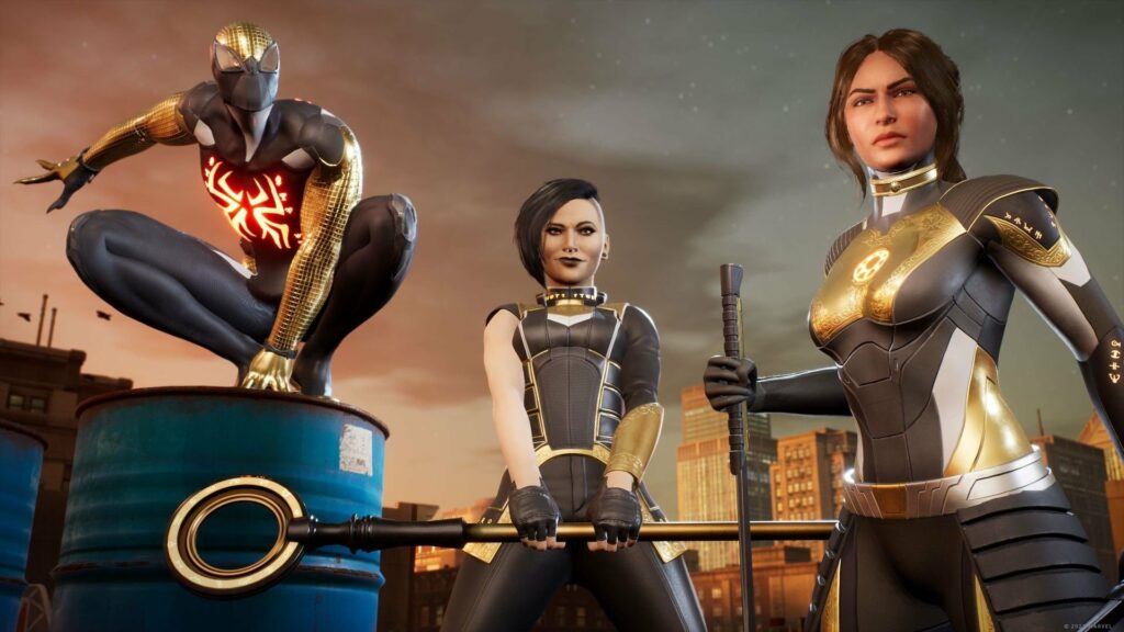 Spiderman, Nico and Hunter dressed in black and gold Midnight Suns suits.