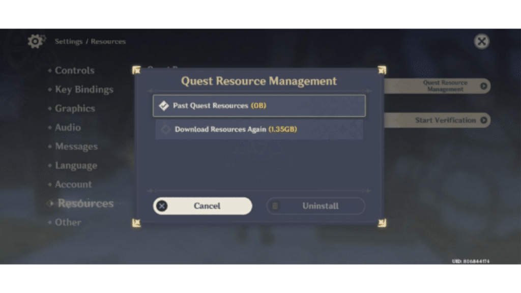 Past Quest Resources screen