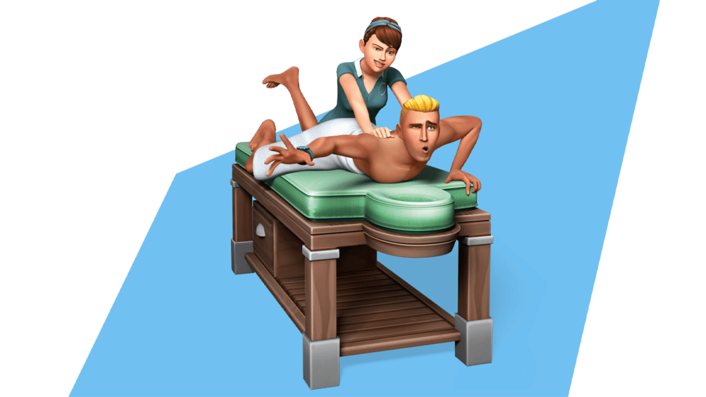 a sim receiving a back massage by a masseuse at the spa.