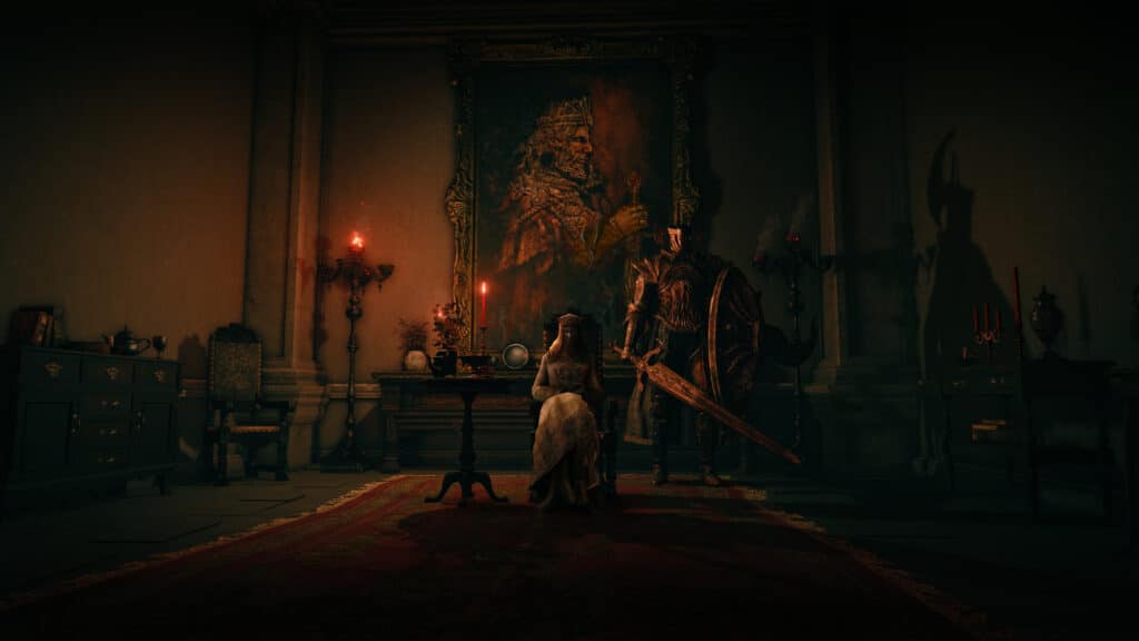 Screenshot of a dark room with a female figure sitting and a knight standing