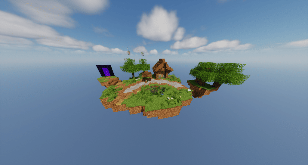 Đảo Minecraft trên bầu trời với nhà, cây cối và cổng thông tin Nether
